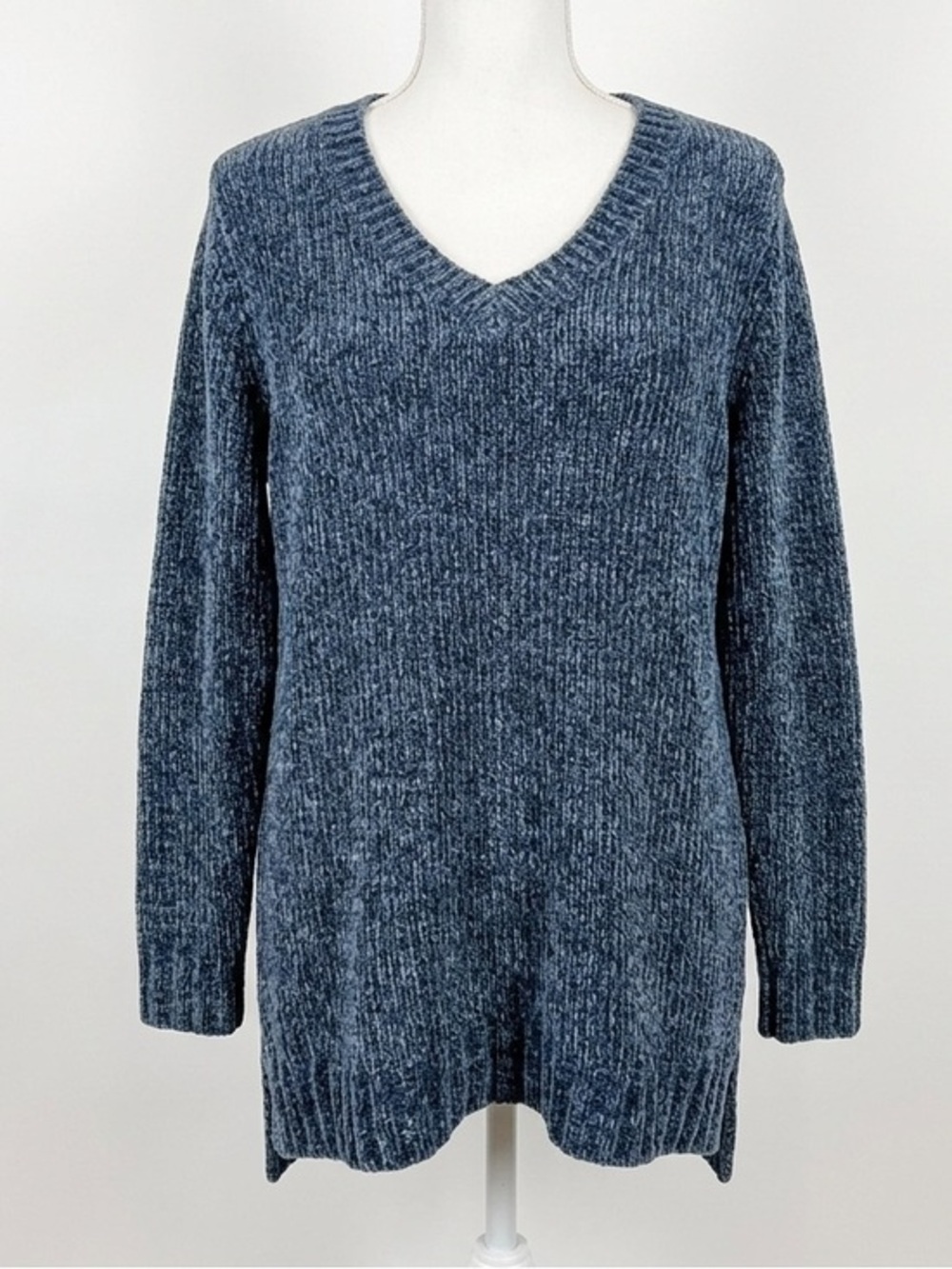 Orvis Classic Collection Heathered Navy Blue Chenille V-Neck Sweater Size Large